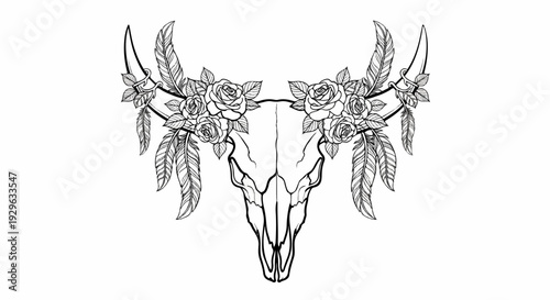 Ornate skull adorned with blooming roses and falling feathers