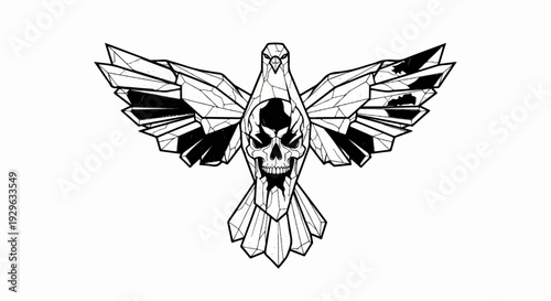 Geometric bird with skull head and segmented wings in linework style