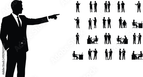 Business people silhouette collection showing meetings, presentations, negotiations and teamwork poses representing corporate communication, leadership and professional workplace interaction concepts