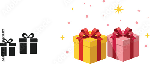Black silhouette and colorful vector illustrations of gift boxes with ribbons, bows, and festive decorations, symbolizing celebration, holidays, and gift‑giving design projects.
