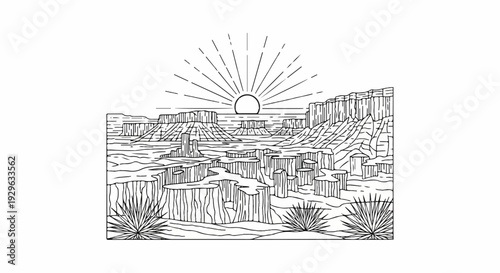 Stylized line art depicts a majestic canyon landscape with a setting sun