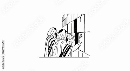 Two men in prayer shawls touch a stone wall