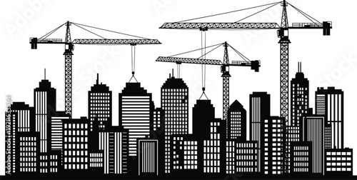 Urban city skyline under construction with tower cranes, modern skyscraper buildings silhouette vector illustration, metropolitan development and 