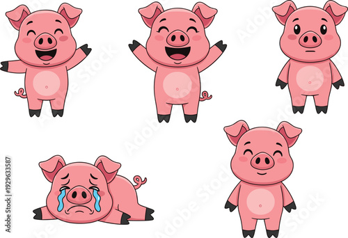 Cute Cartoon Pig Characters with Different Emotions Vector Set