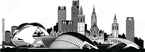 Black and white cityscape silhouette with modern and historic architectural styles