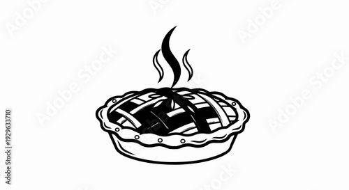 Steaming lattice-top pie in a crimped dish, rendered in a bold black outline