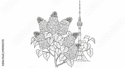 A sketch of blooming lilacs in front of a tall, multi-tiered tower structure