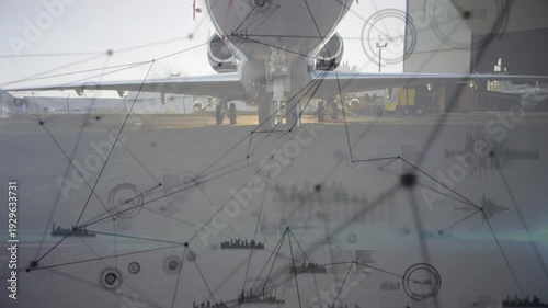 Overlay appearing then camera closing on jet, graphics revealing systems while ground crew working
