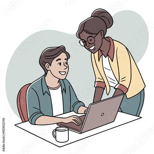 man and woman working together. Smiling team professional employees working together on computer discussing online technology data solutions at work. Two young busy diverse coworkers business people 