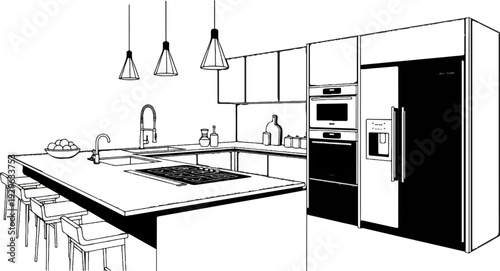 Modern kitchen island with integrated stovetop, sink, pendant lights, and appliances