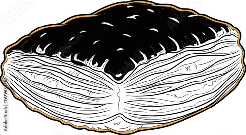 A stylized illustration of a cross-section of a large, ripe fruit with seeds