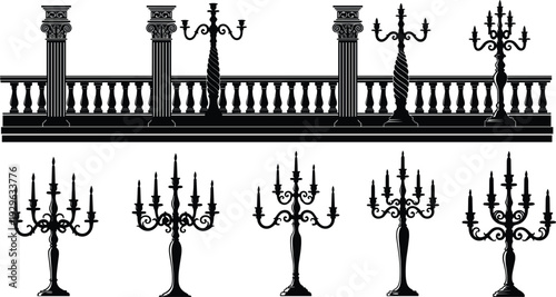 Vintage balustrade with classical columns and ornate candelabras, black silhouette vector illustration, antique architectural elements collection, decorative lighting design set