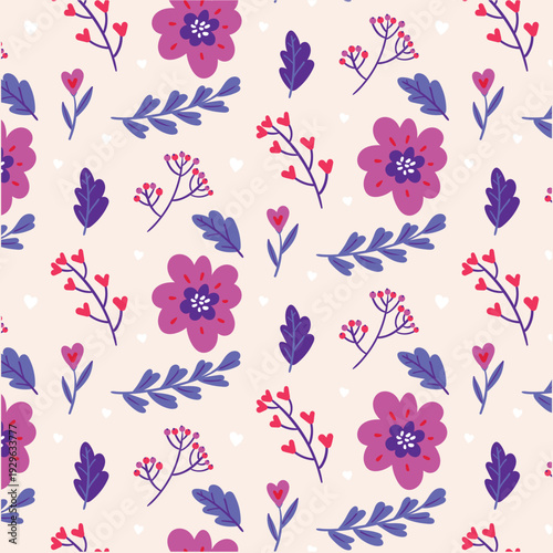 Charming seamless tile pattern with vibrant purple and red floral motifs, delicate green leaves, and tiny hearts, perfect for textiles, digital paper, or various decorative design applications