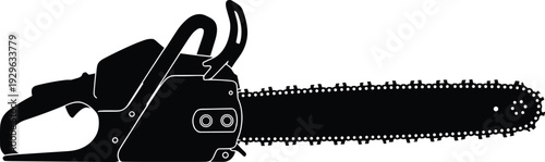 Chainsaw silhouette icon isolated on white background representing forestry equipment, wood cutting tool and professional logging machinery for industrial use