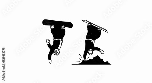 Two cartoon figures in formal wear performing snowboarding stunts against a white background