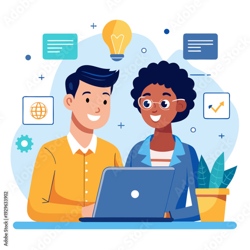 business man with laptop computer. Smiling team professional employees working together on computer discussing online technology data solutions at work. Two young busy diverse coworkers business 