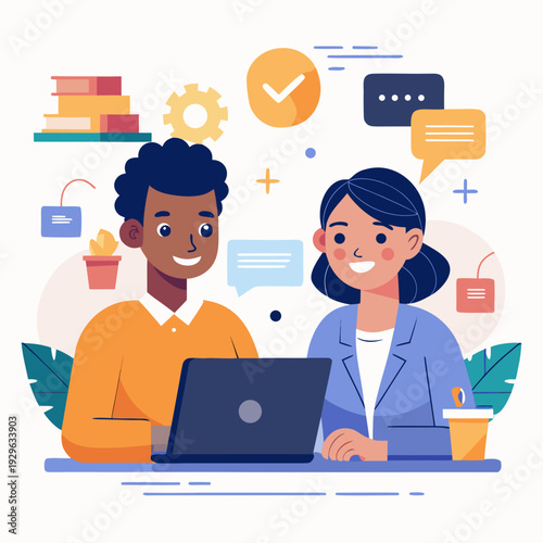 business man with laptop vector illustration. Smiling team professional employees working together on computer discussing online technology data solutions at work. Two young busy diverse coworkers bus