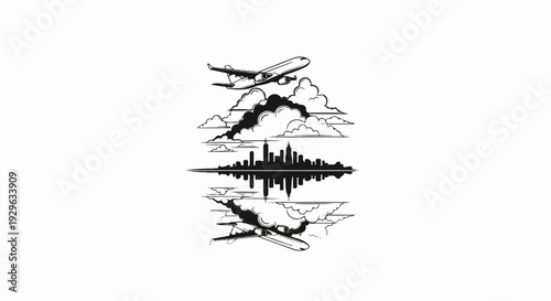 Stylized city skyline reflected in water with planes in clouds above and below