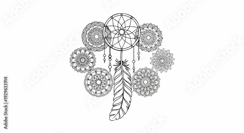 Dream catcher adorned with mandalas and a single prominent feather
