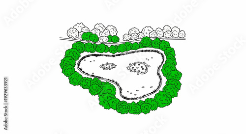 A stylized aerial view shows a pond surrounded by green trees and distant white foliage