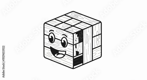 Cartoon cube made of wood planks with a happy face and round eyes