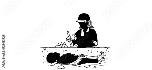 Person in cap excavating near person lying in ground with hands crossed