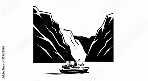 A ship navigates through a narrow, dramatic mountain pass