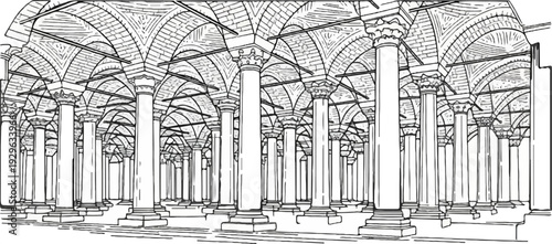 Extensive interior view of a classical building with multiple rows of fluted columns and arched ceilings