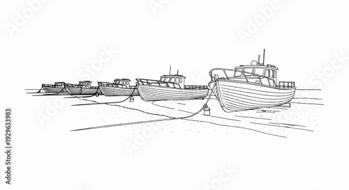 Line art sketch of fishing boats docked on a sandy shore with ropes tethering them