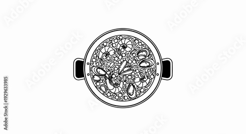 A line drawing shows a top-down view of a paella dish filled with seafood and rice