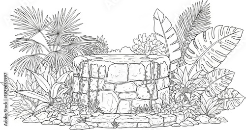 Stone well with cascading water and lush tropical foliage
