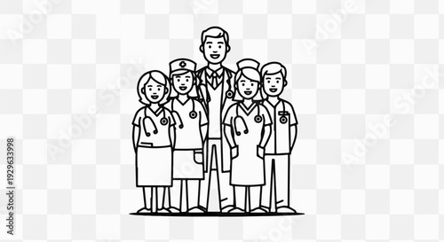 A cheerful group of diverse medical professionals stands united, ready to serve patients