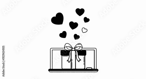 A gift box on a laptop opens, releasing hearts into the air