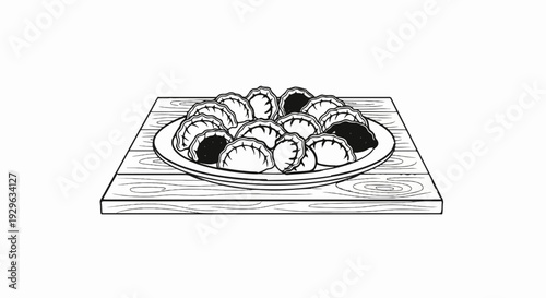 A plate filled with plump dumplings sits on a rustic wooden board