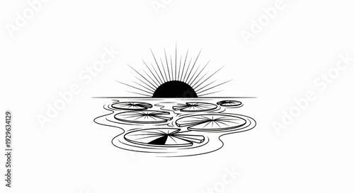 Minimalist depiction of a sun setting over water with lily pads floating