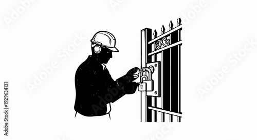 Person in hard hat and headphones locks a decorative fence with padlocks