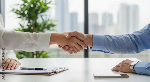 Professionals shaking hands over a business agreement document