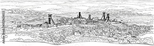 Panoramic sketch of a sprawling industrial mining town with numerous headframes