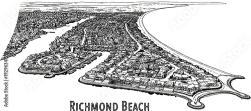 Detailed aerial sketch of a coastal community with intricate housing and waterways