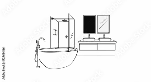 Line art illustration of a modern bathroom with a freestanding tub, shower, and double vanity