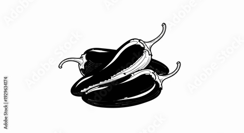 Three black and white drawings of chili peppers piled together