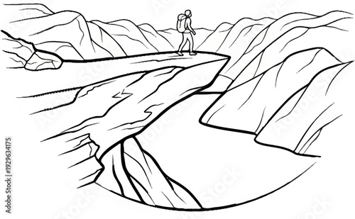 A hiker stands on a cliff overlooking a vast, rocky valley