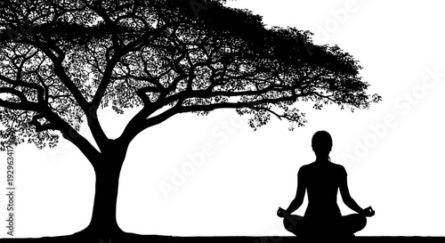 Woman Meditating Under Tree Silhouette.