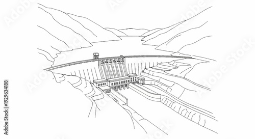 A dramatic perspective line drawing of a large dam holding back a vast body of water