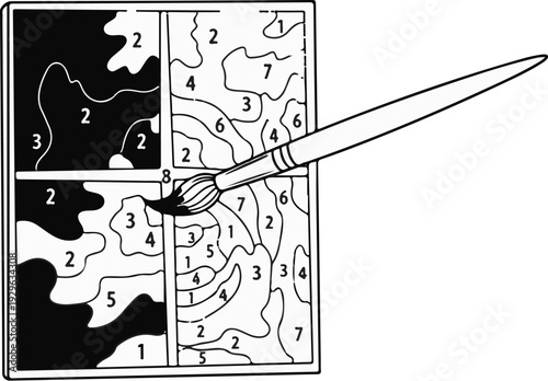 A paint-by-numbers canvas with numbered sections and a brush applying paint