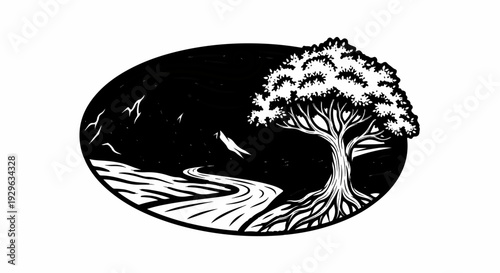 Oval scene with a detailed tree, winding river, birds, and mountains