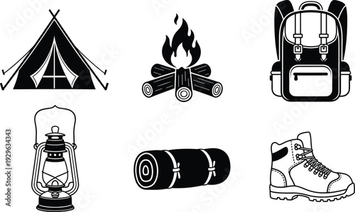 Black silhouette vector illustrations of tent, campfire, backpack, lantern, sleeping bag, and hiking boot, symbolizing camping gear, outdoor essentials, and adventure travel projects.
