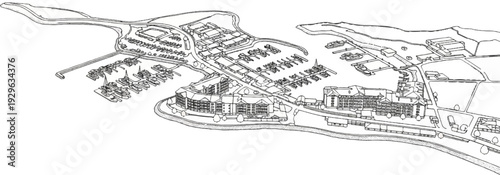 Isometric sketch of a waterfront community featuring a marina, apartments, and other buildings