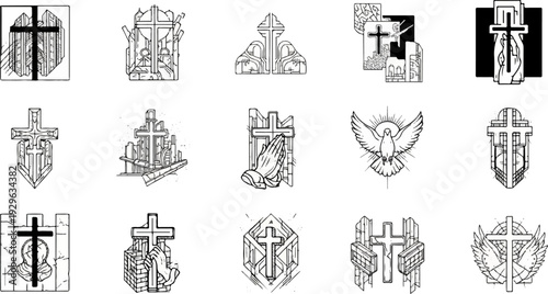 Collection of 15 Christian symbols including various crucifix designs and a dove