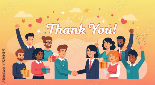 Diverse group of people celebrating and thanking with gifts and confetti